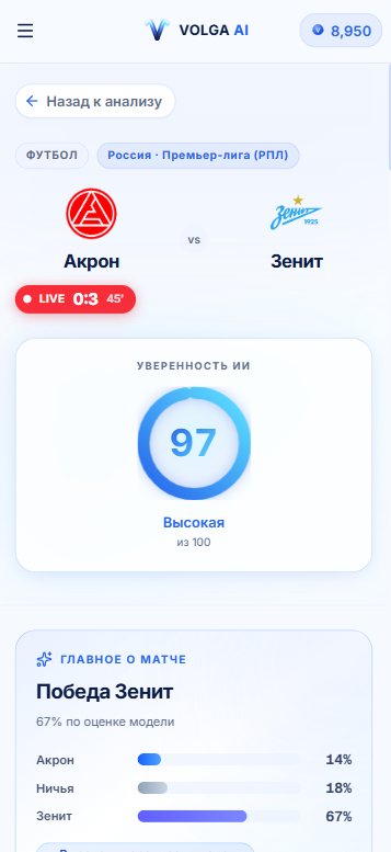 Приложение Волга ИИ: разбор матча с уверенностью модели и вероятностями исходов