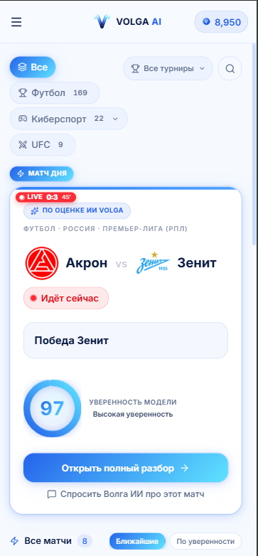 Приложение Волга ИИ: список матчей — футбол, киберспорт, UFC и «Матч дня»